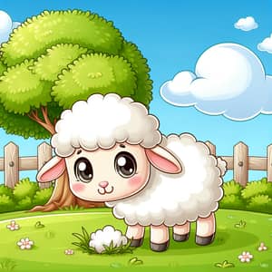 Cute Sheep Cartoon Image in Lush Green Pasture | Adorable Illustration