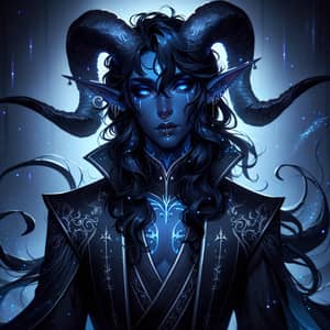 Celestial Tiefling Character with Captivating Blue Skin and Mystical Aura