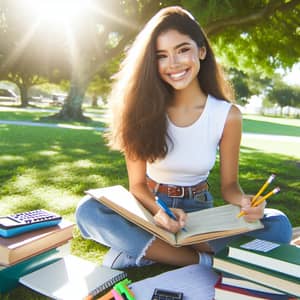 Joyful Hispanic Female Student Studying Outdoors | Education Image