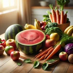 Vibrant Healthy Eating: Colorful Fruits & Vegetables on Wooden Table