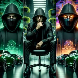 Strong Man Portrait in Black Hoodie and Mask | Animation Hacker Background