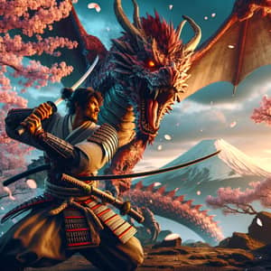 Samurai Battles Dragon: Epic Fight Under Cherry Blossom Tree