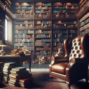 Well-Stocked Library Zoom Background with Leather Chair | Speaker Setup