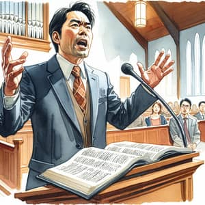 Passionate Asian Preacher Delivering Sermon in Well-lit Church