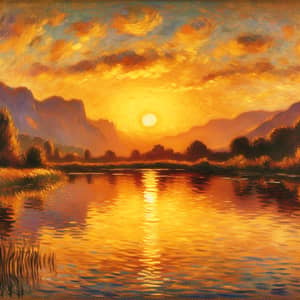 Serene Sunset Over a Tranquil Lake in Impressionist Style