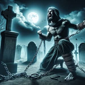 Powerful Middle Eastern Man Breaking Iron Shackles in Eerie Graveyard