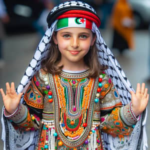 Algerian Girl in Traditional Naili Dress with Palestinian Kufiya
