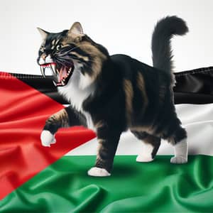 Playful Cat with Big Tooth and Palestine Flag Colors