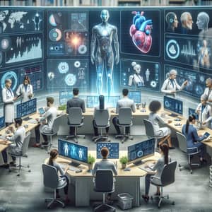 Futuristic Healthcare Tech: Diverse Knowledge Workers & AI Robots