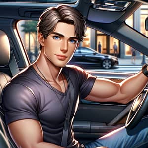 Modern Short-Haired Male in Car Portrait | City Street Scene