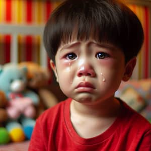 Young Asian Boy Crying in Gently Lit Room