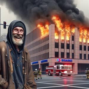 Smiling Homeless Man Amid Burning Bank - Hopeful Expression
