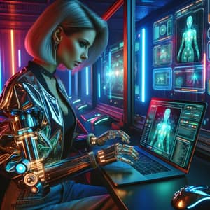 Futuristic European Woman Working Diligently in Cyberpunk Office