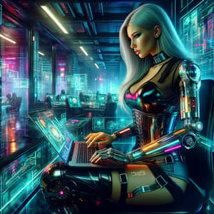 Futuristic Cyberpunk Woman in High-Tech Office | Sci-Fi Art