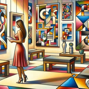 Vibrant Abstract Art Gallery: Hispanic Woman Admiring Modern Art