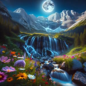 Lunar Waterfall in Majestic Mountain Range | Celestial Magic