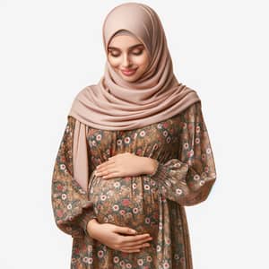 Middle-Eastern Woman in Hijab, Floral Dress, and Pregnancy