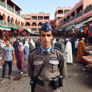 Moroccan Police Officer in Vibrant Marrakech Marketplace