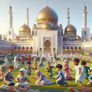 Diverse Kids Playing in Tranquil Garden Near Stunning Mosque