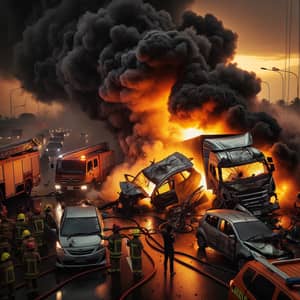 Twilight Collision: Dramatic Scene of Fire and Rescue