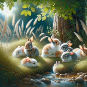 Tranquil Meadow: Frolicking Bunnies in Idyllic Landscape