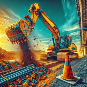 Bright Yellow Excavator in Action on Construction Site