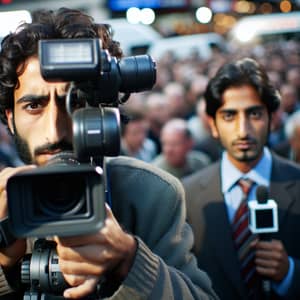 Intense Middle-Eastern Cameraman & South Asian Reporter at Event