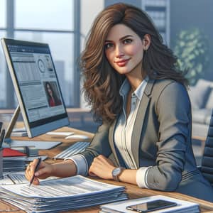 Confident Spanish Woman Project Manager Multitasking at Desk