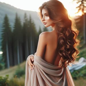 Elegant Young Woman in Forest at Sunrise
