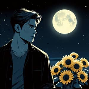 Moonlit Scene: Caucasian Male Admiring Moon with Sunflowers