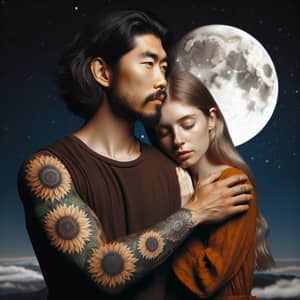 East Asian Man with Sunflowers Tattoo Embracing Caucasian Woman Under Moonlight