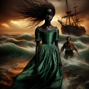 Elegant Black Adolescent Girl in Green Gown by the Ocean