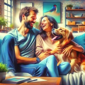Heartwarming Living Room Scene with Man, Woman, and Dog