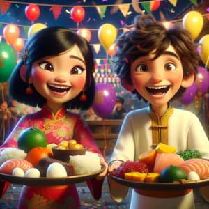 Festive New Year Celebration with Smiling Girl & Boy Offering Traditional Food Plates