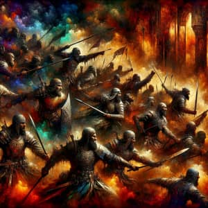 Intense Battle Scene: Dark & Fiery Warriors in Combat