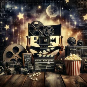 Vintage Cinema Scene: Film Reel, Camera, Popcorn & Stars