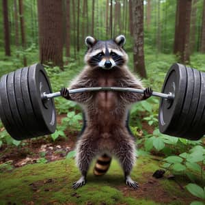 Strong Raccoon Lifts Barbell in Enchanted Forest