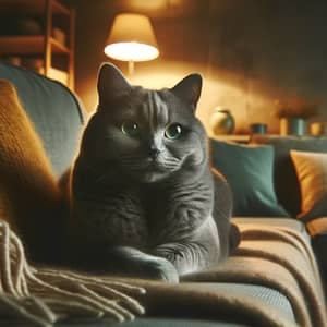 Russian Blue Cat Sitting Comfortably in a Cozy Living Room