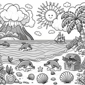 Island Coloring Page for Kids | Fun Seashells, Dolphins, Treasure Chest
