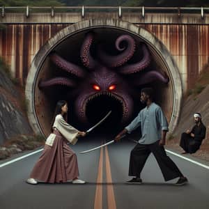 Fierce Samurai Battle in Tunnel with Menacing Octopus