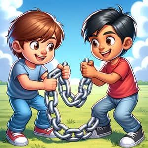 Cartoon Boys Playing with Silver Chain - Fun Outdoor Competition