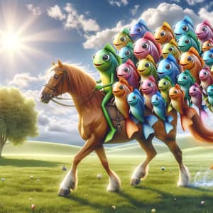 Colorful Fish Riding Horse in Joyful, Whimsical Scene