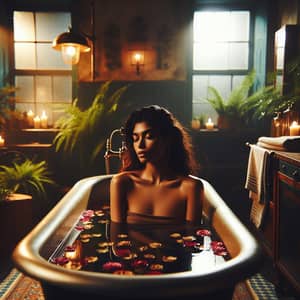 Tranquil South Asian Woman Bathing in Antique Tub with Rose Petals
