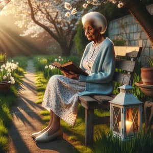 Elderly Woman Sits Comfortably on Rustic Bench