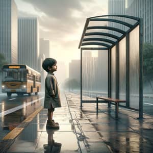 Innocence and Resilience: South Asian Boy at Urban Bus Stop