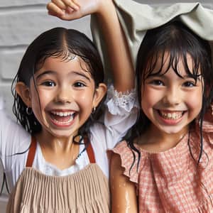 Excited 10-Year-Old Girl in Hispanic Dress with Asian Sister