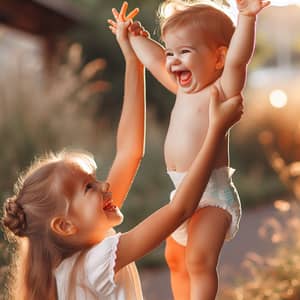 Adorable Preschooler and Sister Sharing Joyful Moment