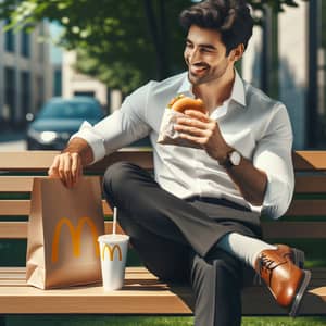 Casual Businessman Enjoying Fast Food on Park Bench