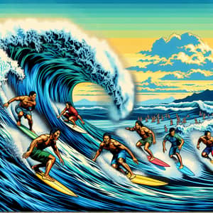 Diverse Surfers Riding Wave in Pop Art Style