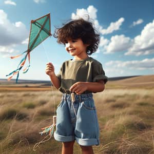 Innocent Joy: Young South Asian Boy Flying Kite in Open Field